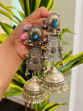 Load image into Gallery viewer, 92.5 silver Coated Three layered Glass Stone pearl Ghunghroo Jhumka Earrings
