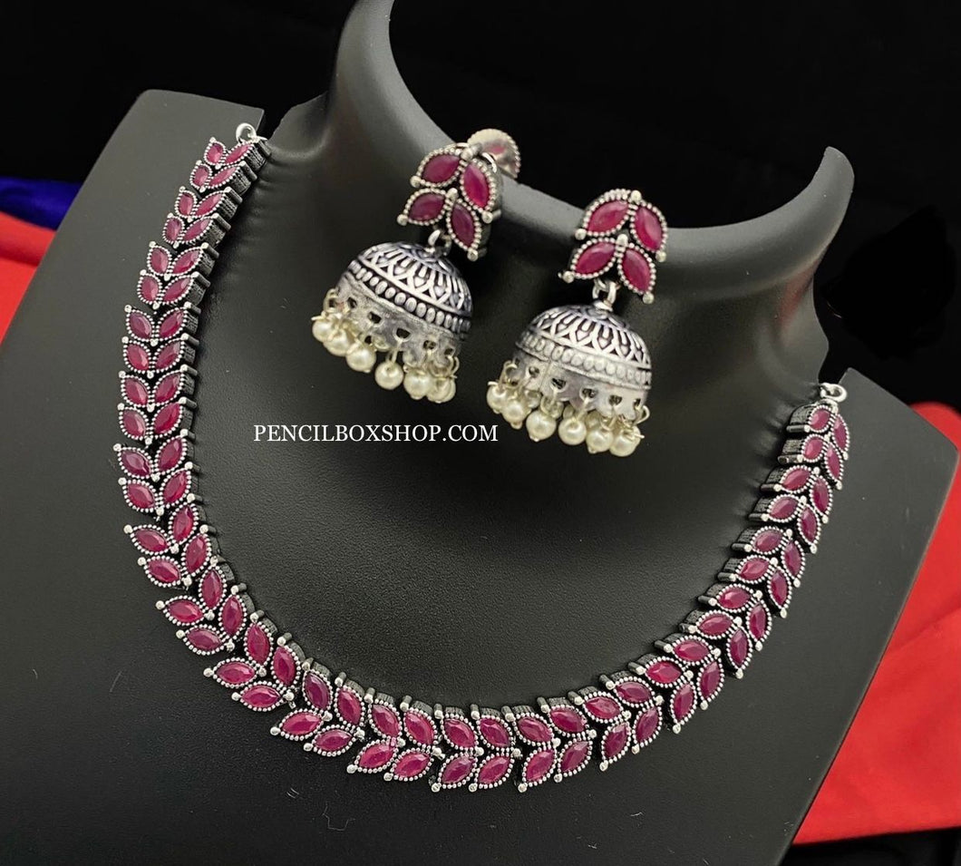 German silver Jhumka design simple sleek necklace set