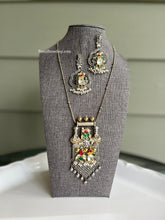 Load image into Gallery viewer, 92.5 Silver Coated German silver pachi Kundan Multicolor Long necklace set
