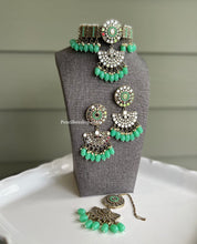 Load image into Gallery viewer, Mirror Round Beads Hanging Choker necklace set with maangtikka
