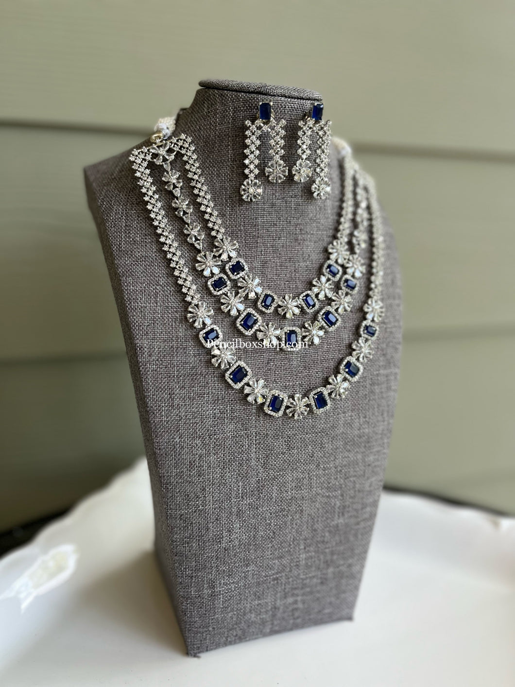 American Diamond cz Long Royal Blue Layered Necklace set