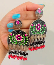 Load image into Gallery viewer, German Silver Glass Stone hand painted Hanging Beads Earrings
