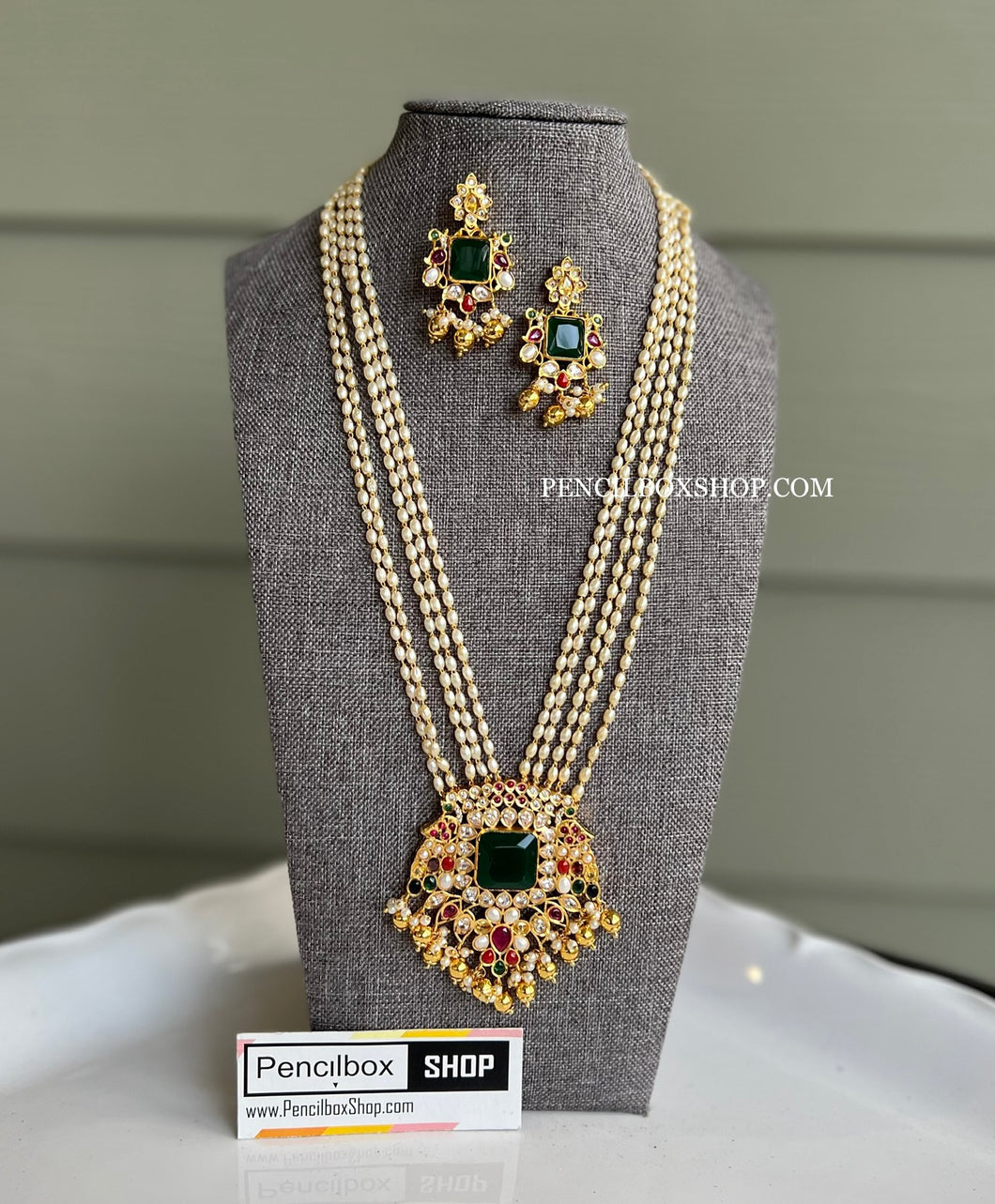 Multicolor Pearl Long kemp stone cz Haram Necklace set