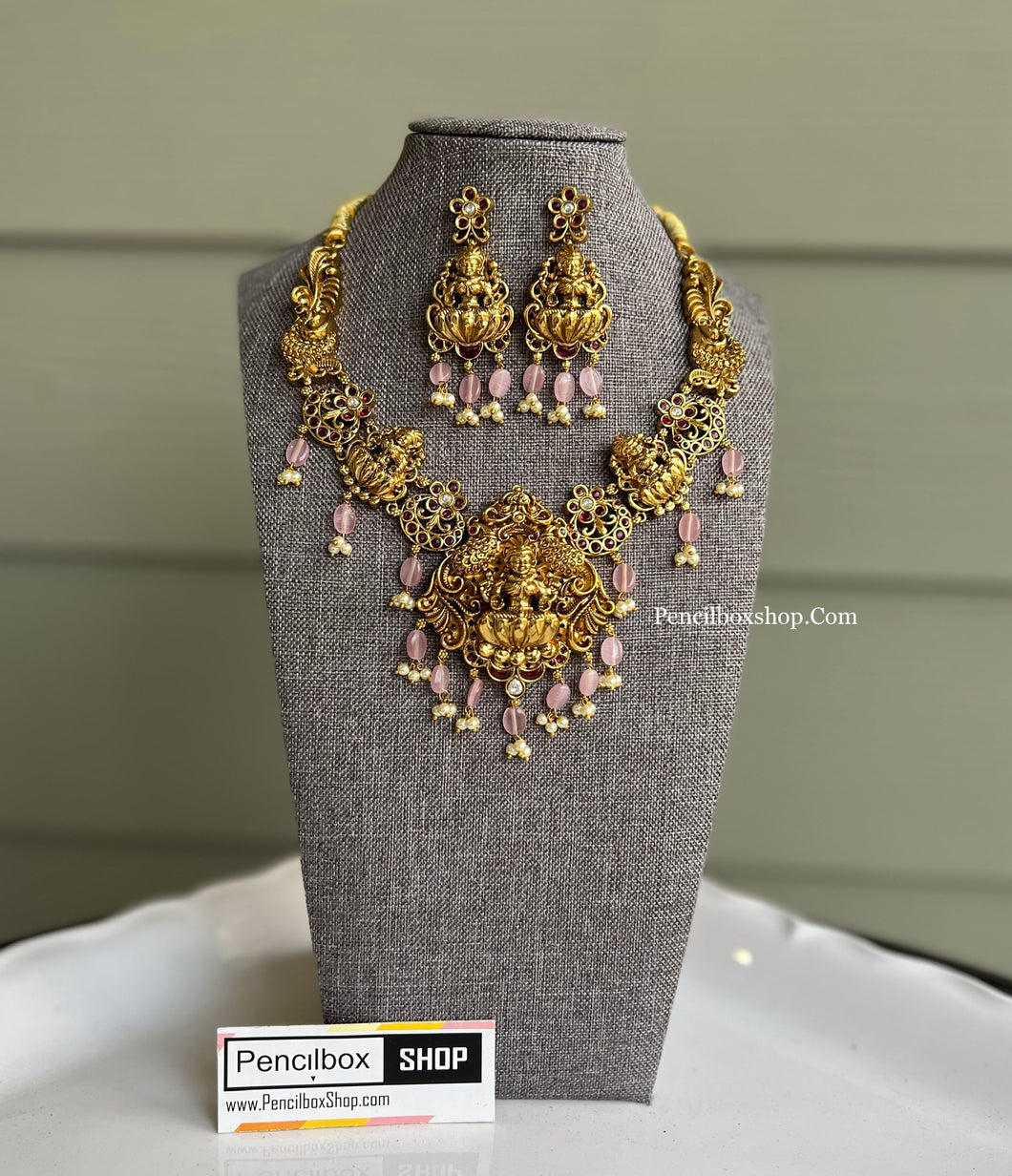 Lakshmi ji Pink Ruby Beads Real kemp stone  Statement  Designer Necklace set