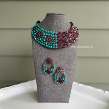 Load image into Gallery viewer, German Silver Statement Glass Stone double design Necklace set
