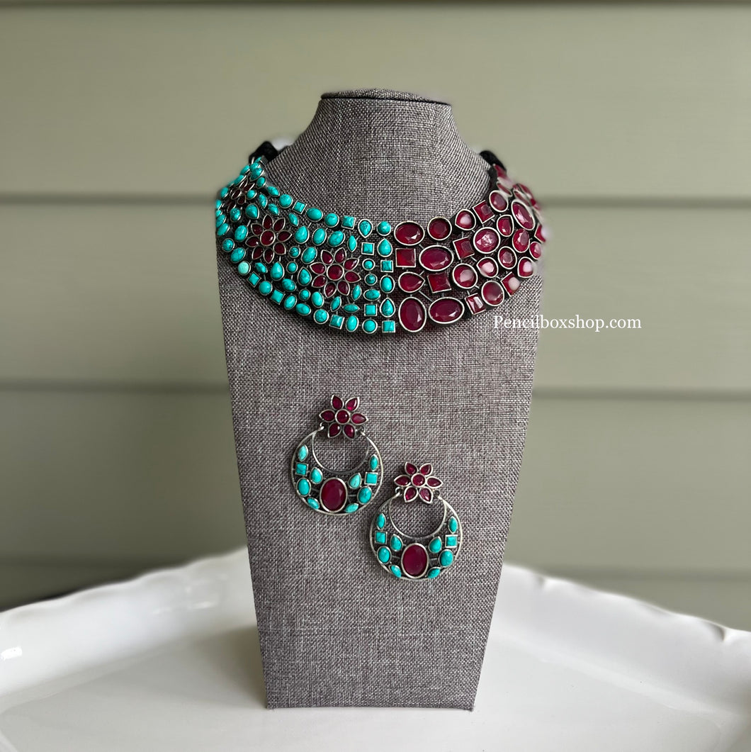 German Silver Statement Glass Stone double design Necklace set
