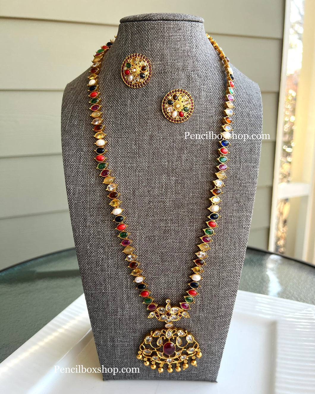 Temple Gold matte Navratna Finish Haram Copper based necklace set