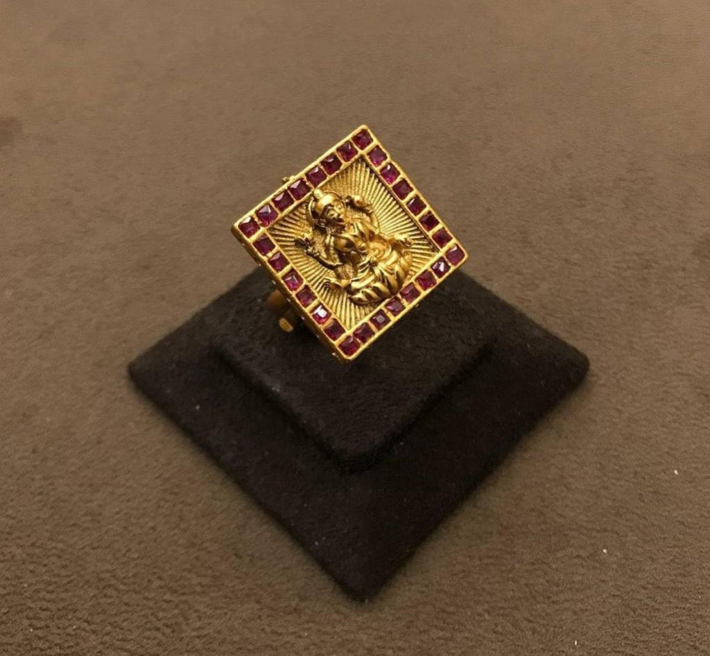 Gold matte Finish Designer ruby Lakshmi ji Adjustable Ring