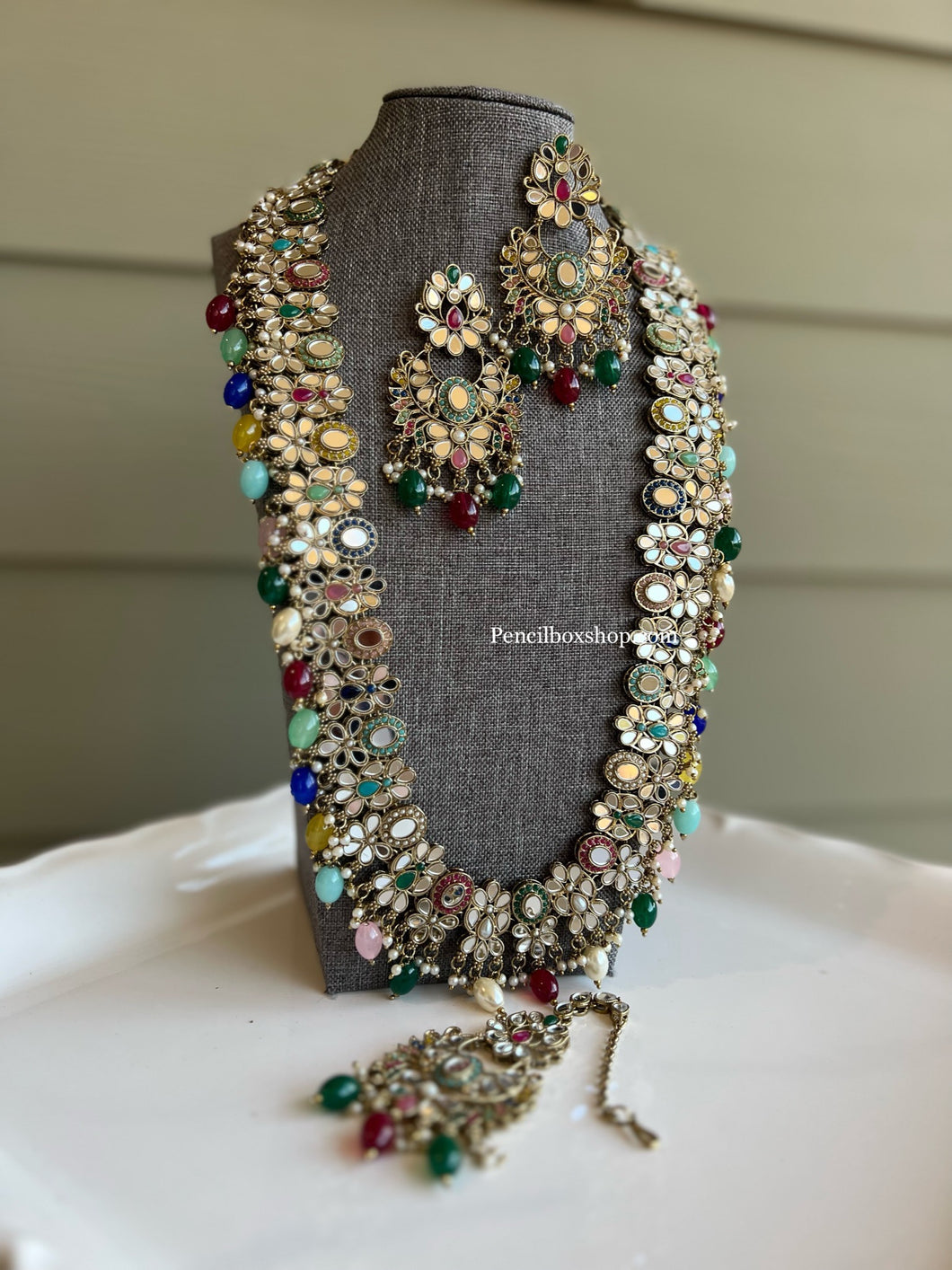 Long Mirror Beads Statement Necklace set with maangtikka