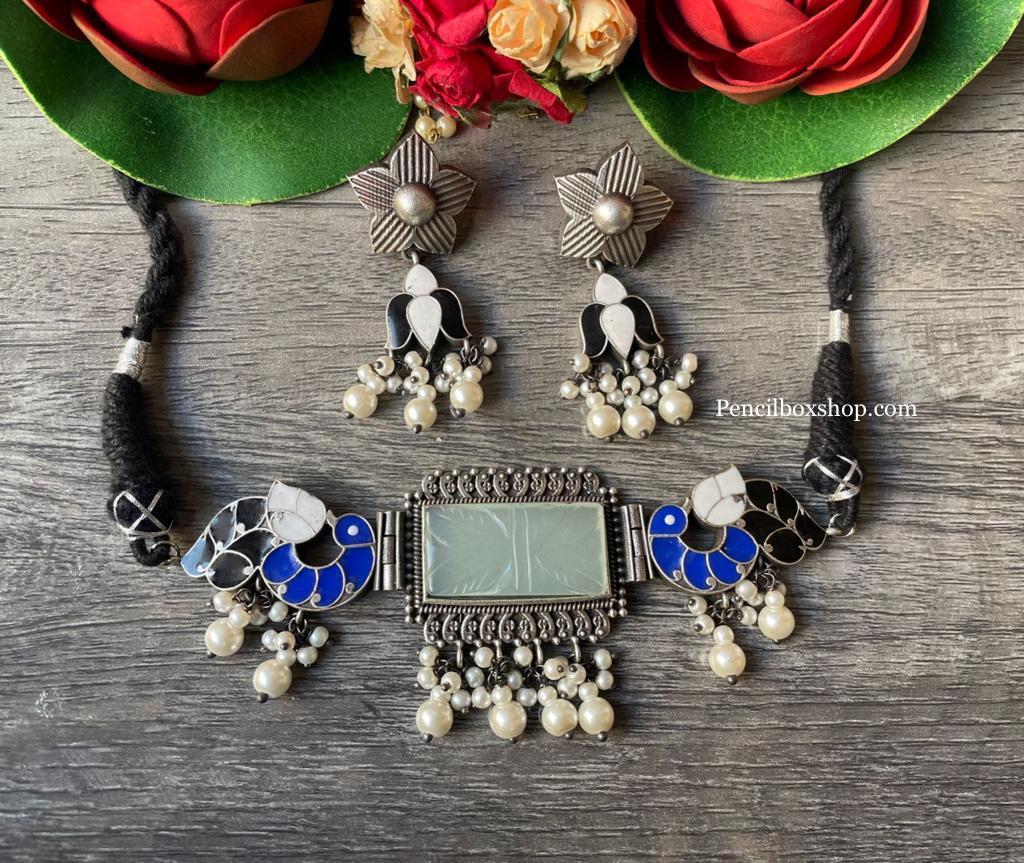 German silver enamel Paint Rainbow Peacock Choker With carved stone and Beads Necklace set
