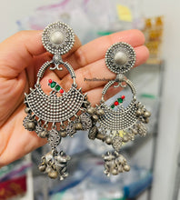 Load image into Gallery viewer, German Silver peacock Nandi Ghungroo pearl Drop Drop Earrings
