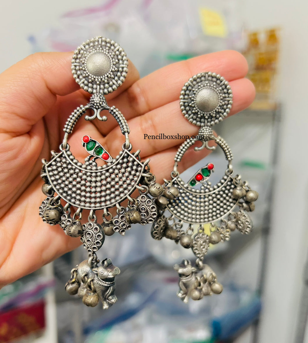 German Silver peacock Nandi Ghungroo pearl Drop Drop Earrings