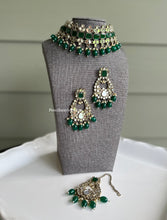 Load image into Gallery viewer, Mirror Round Beads Hanging Choker necklace set with maangtikka
