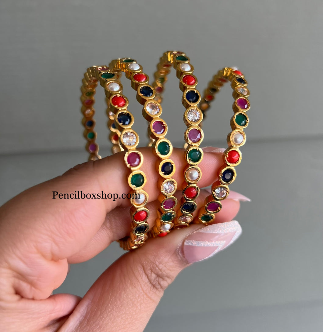 Set of 4 Bangles Navratna Multicolor Stones Daily wear gold finish
