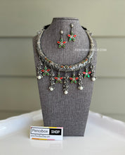 Load image into Gallery viewer, Afghani Ruby Green Black Metal Hasli Necklace set
