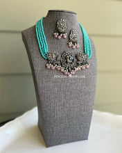 Load image into Gallery viewer, German silver Stone peacock Turquoise Pink necklace set
