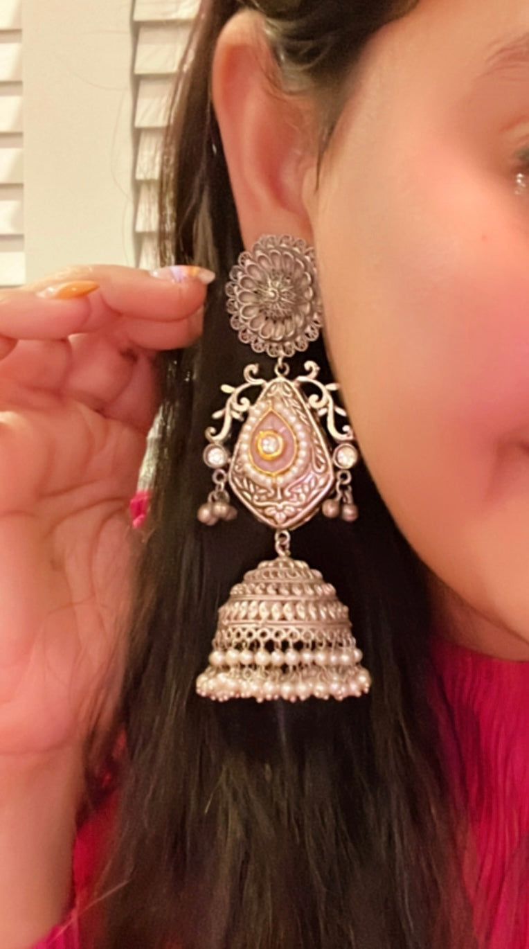 92.5 Silver coated Pink Carved Stone Ghunghroo Long jhumka earrings