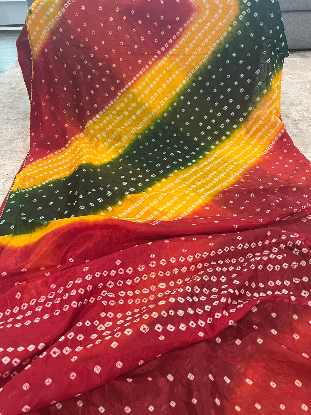 Bandhani Red Yellow Green Georgette Saree Elegant