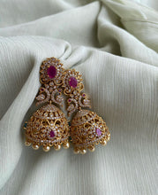 Load image into Gallery viewer, Multicolor Peacock Temple Gold Finish Stone Glass Stone jhumka cz earrings -1

