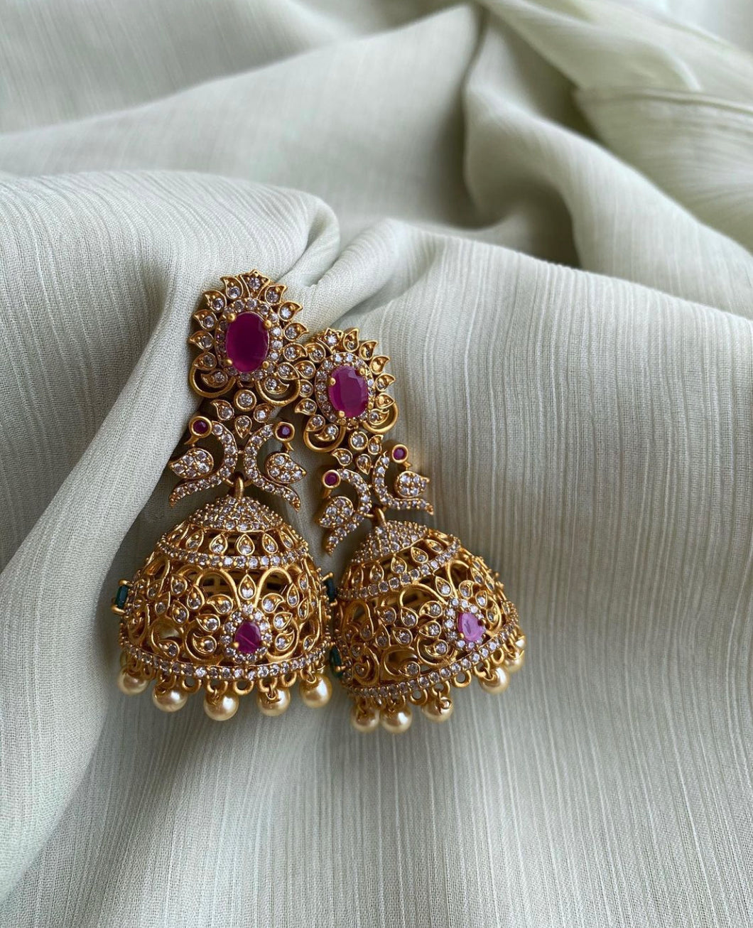 Multicolor Peacock Temple Gold Finish Stone Glass Stone jhumka cz earrings -1