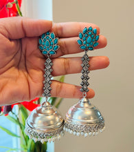 Load image into Gallery viewer, Long German Silver Lotus hanging Drop Earrings
