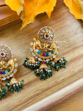 Load image into Gallery viewer, Peacock Amrapali Navratna Kundan Silver foiled Brass Earrings with three jhumkas
