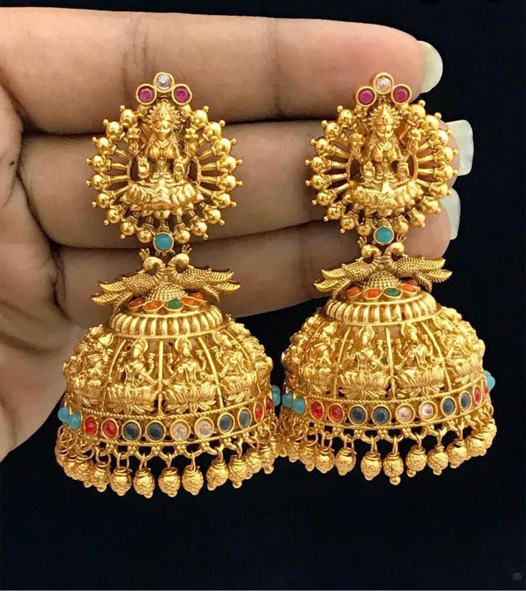 Multi Peacock Lakshmi ji Temple Gold Finish jhumka earrings