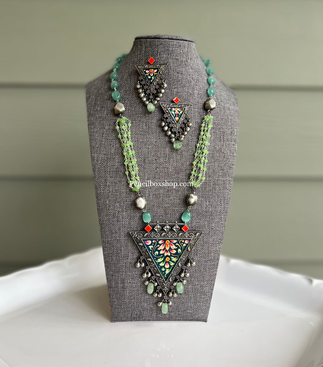 German Silver Handpainted Pearl Ghunghroo long necklace set