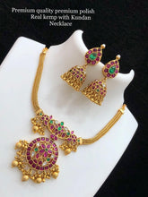 Load image into Gallery viewer, Real Kemp Stone With Kundan Temple Necklace set Premium Quality
