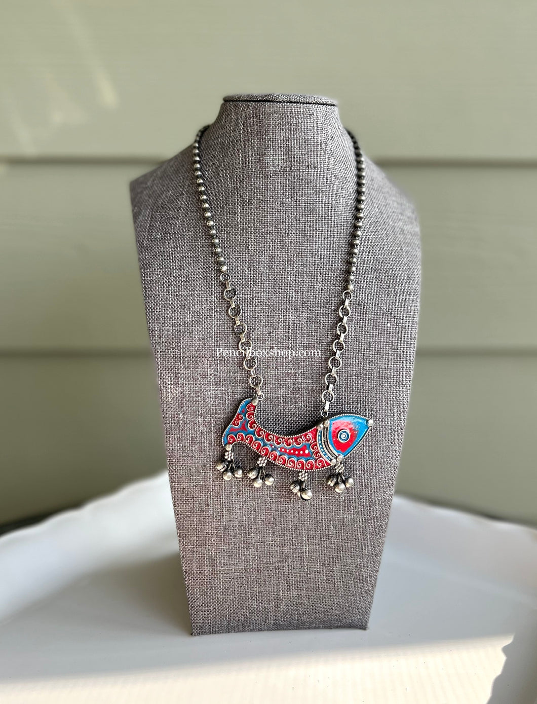 German Silver Handpainted Meenakari Fish Ghunghroo Single Pendant necklace