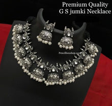 Load image into Gallery viewer, German silver Jhumka design Ruby green simple sleek necklace set
