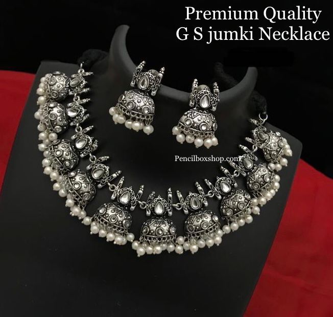 German silver Jhumka design Ruby green simple sleek necklace set