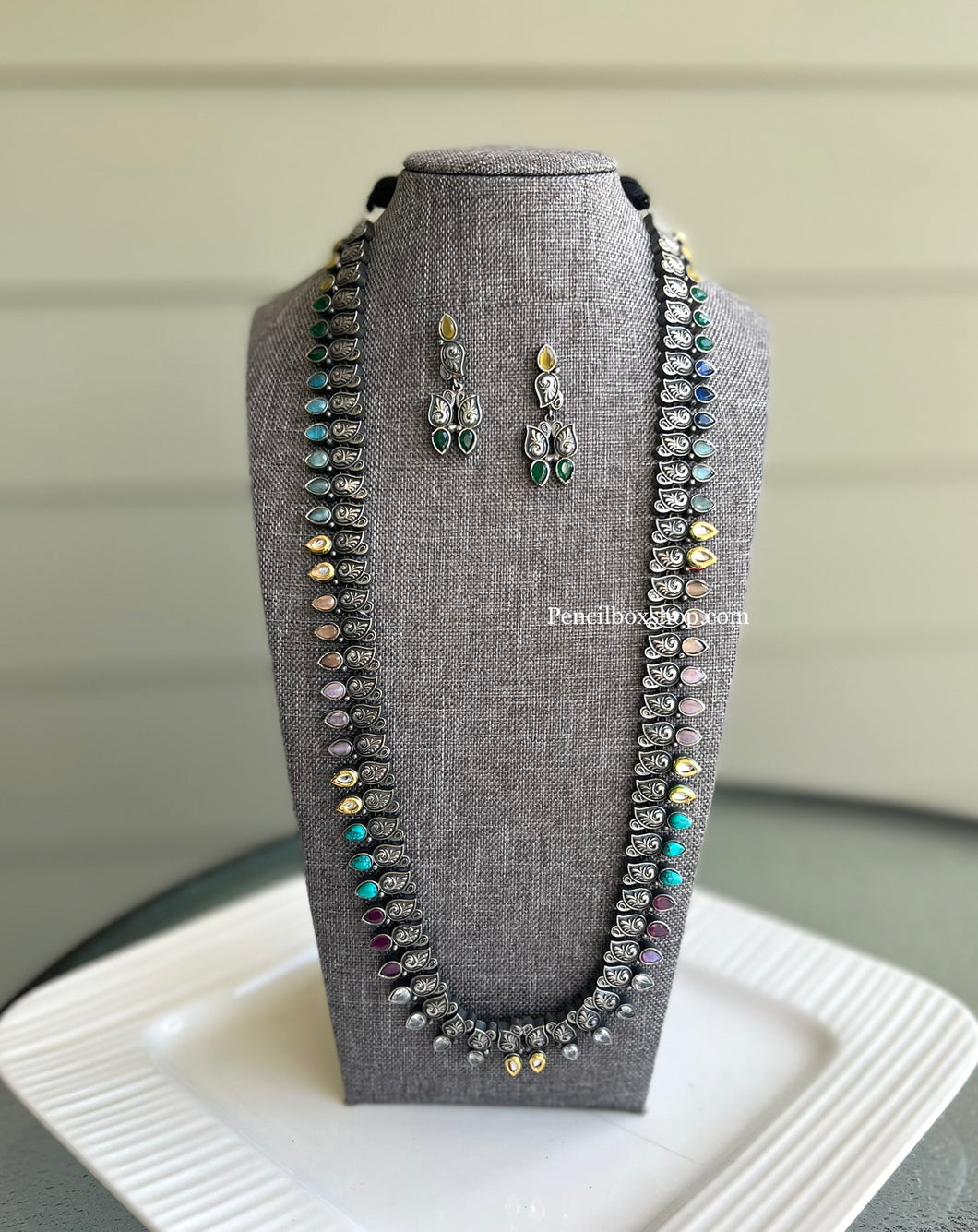 German silver Kundan Multicolor Glass Stone Long Necklace Set