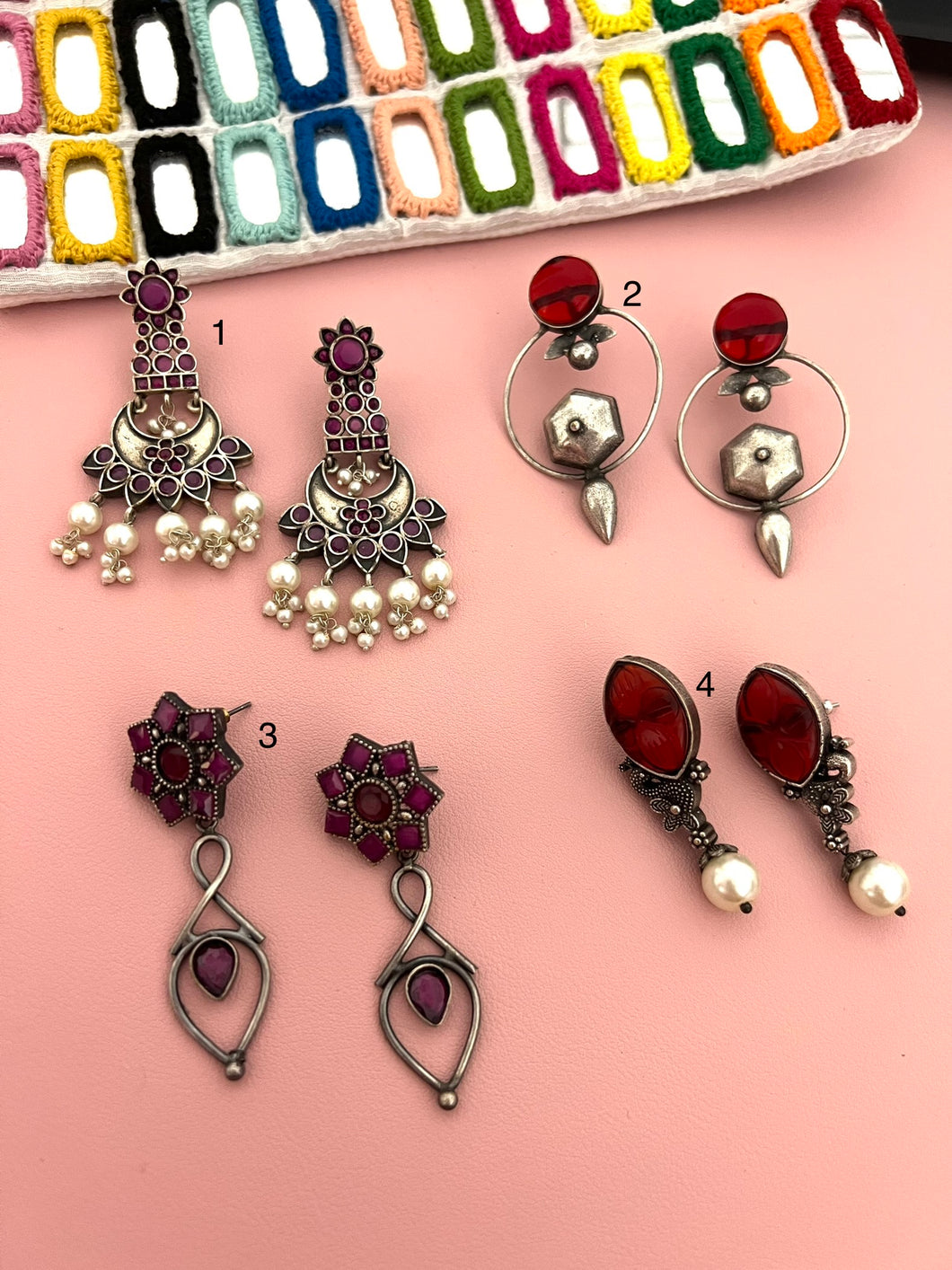 German Silver Ruby Pink Mix Collection Earrings
