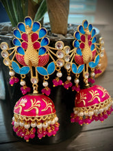 Load image into Gallery viewer, Meenakari peacock jhumkas with hydro beads pearl Earrings for women

