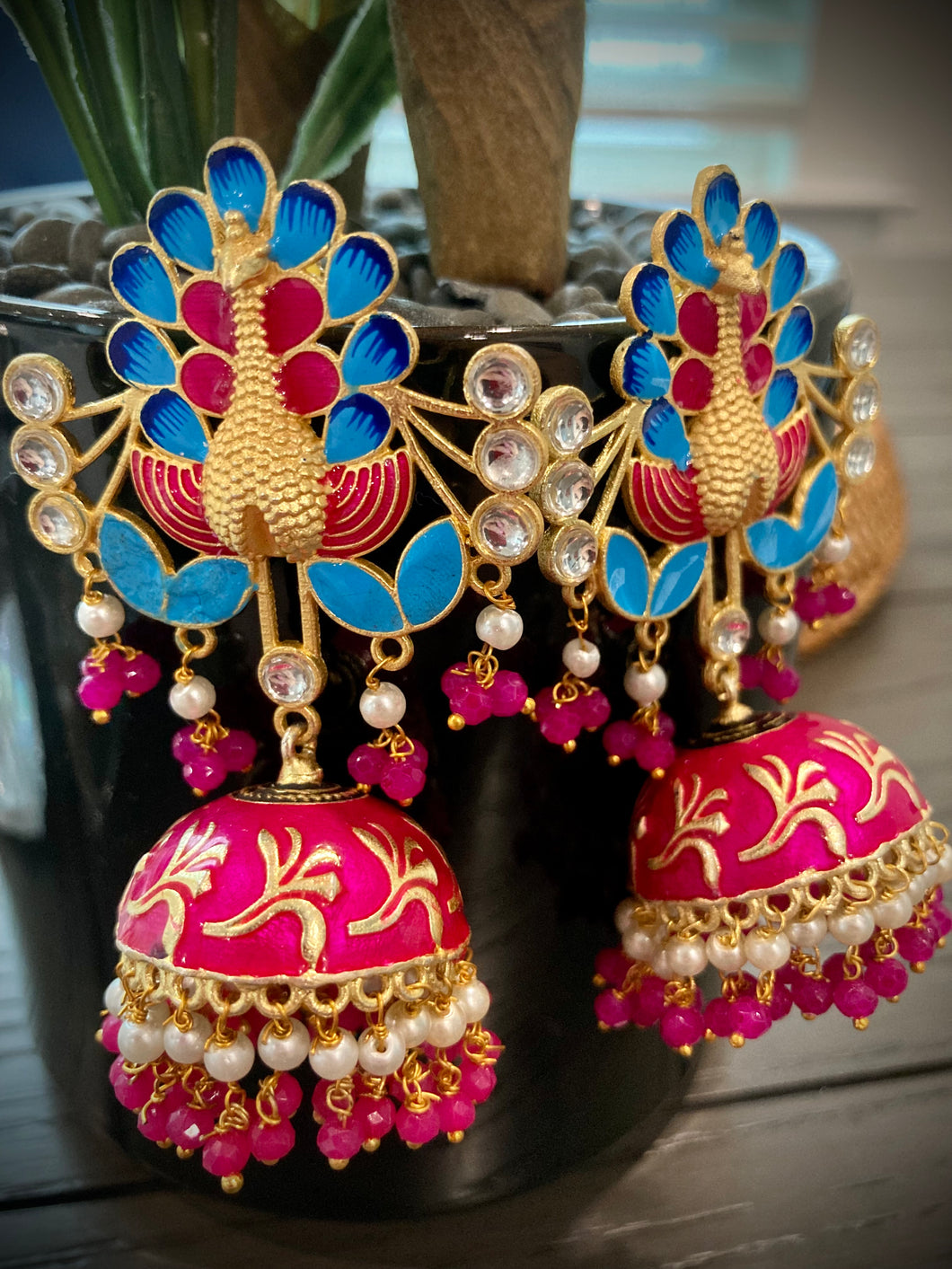 Meenakari peacock jhumkas with hydro beads pearl Earrings for women