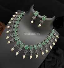 Load image into Gallery viewer, Flower drop pearl German silver stone simple sleek necklace set
