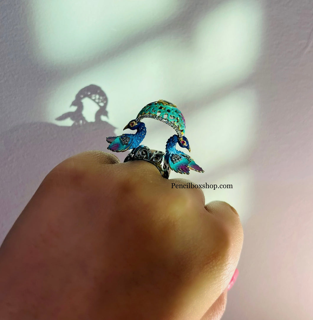 Double Peacock Shaded Meenakari Adjustable Ring