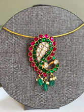 Load image into Gallery viewer, Real Jadau Kundan Kemp Stone Peacock Foiled Hasli Necklace
