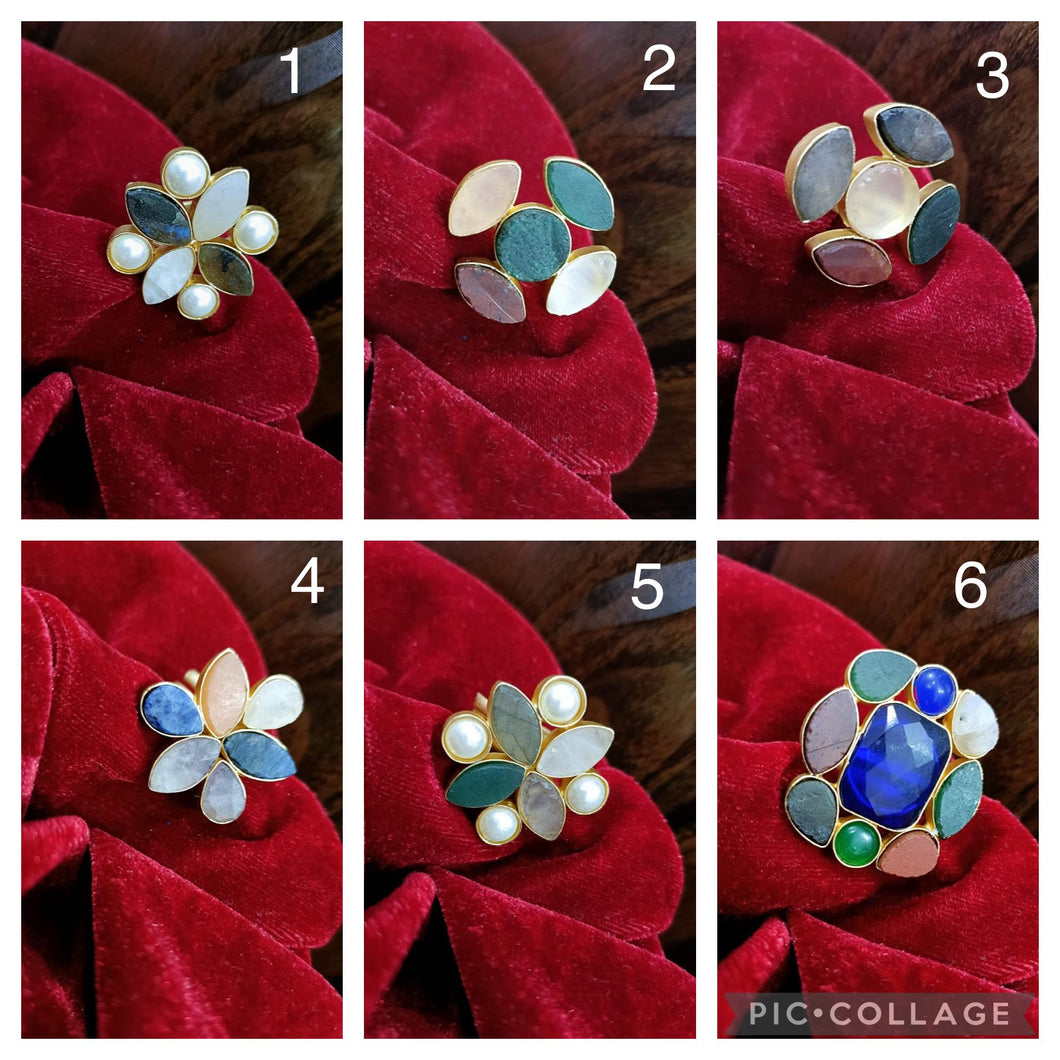 Statement Contemporary Natural Stone Brass Multicolor Adjustable Ring