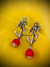 Load image into Gallery viewer, Om Trishul Oxidised Earrings with hanging bead
