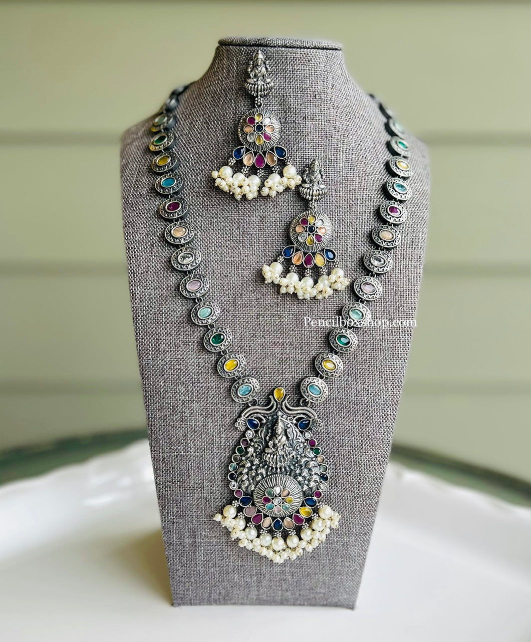 German Silver Long haram Multicolor Glass Stone  Lakshmi Ji Pearl Necklace set