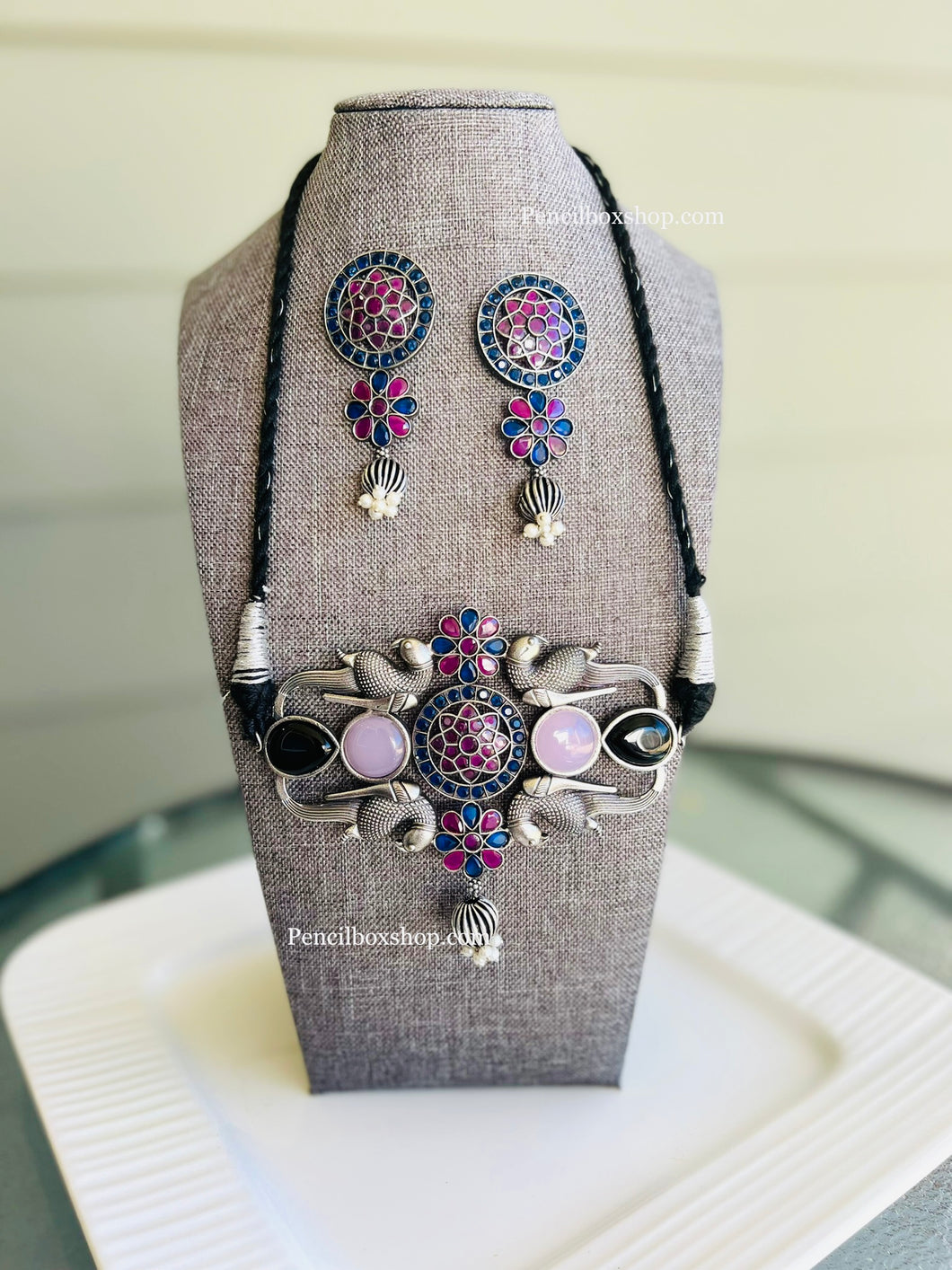 Designer Pink Blue Bird German Silver Natural stone Necklace set