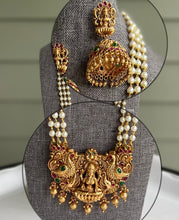 Load image into Gallery viewer, Multicolor Lakshmi ji Peacock three pearl Beads Necklace set with jhumkas
