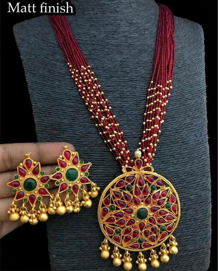 Gold Matt Finish Long Ruby Mala Flower stones Necklace set