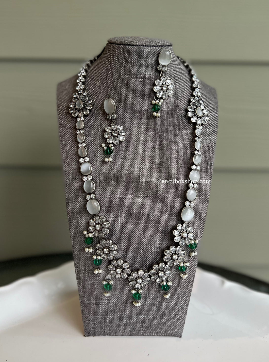 German Silver Glass Stone Long Flower Necklace set