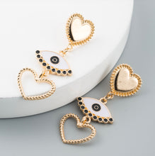 Load image into Gallery viewer, Heart Evil eye golden black white long earrings IDW
