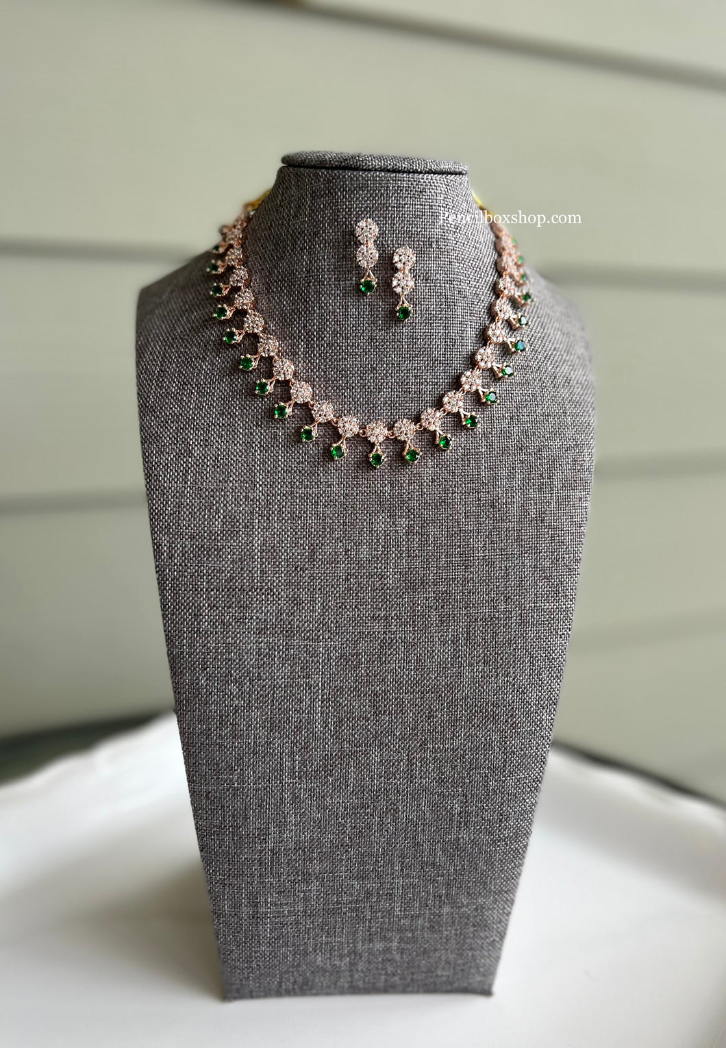 Rose Gold Emerald Green American Diamond Simple Necklace set