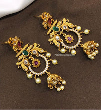 Load image into Gallery viewer, Golden matte Finish Multicolor Cz pearl jhumki Earrings
