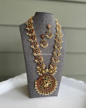 Load image into Gallery viewer, Long Guttapusalu Peacock Haram Real Kemp Stone Multicolor cz kemp Stone Necklace set temple jewelry
